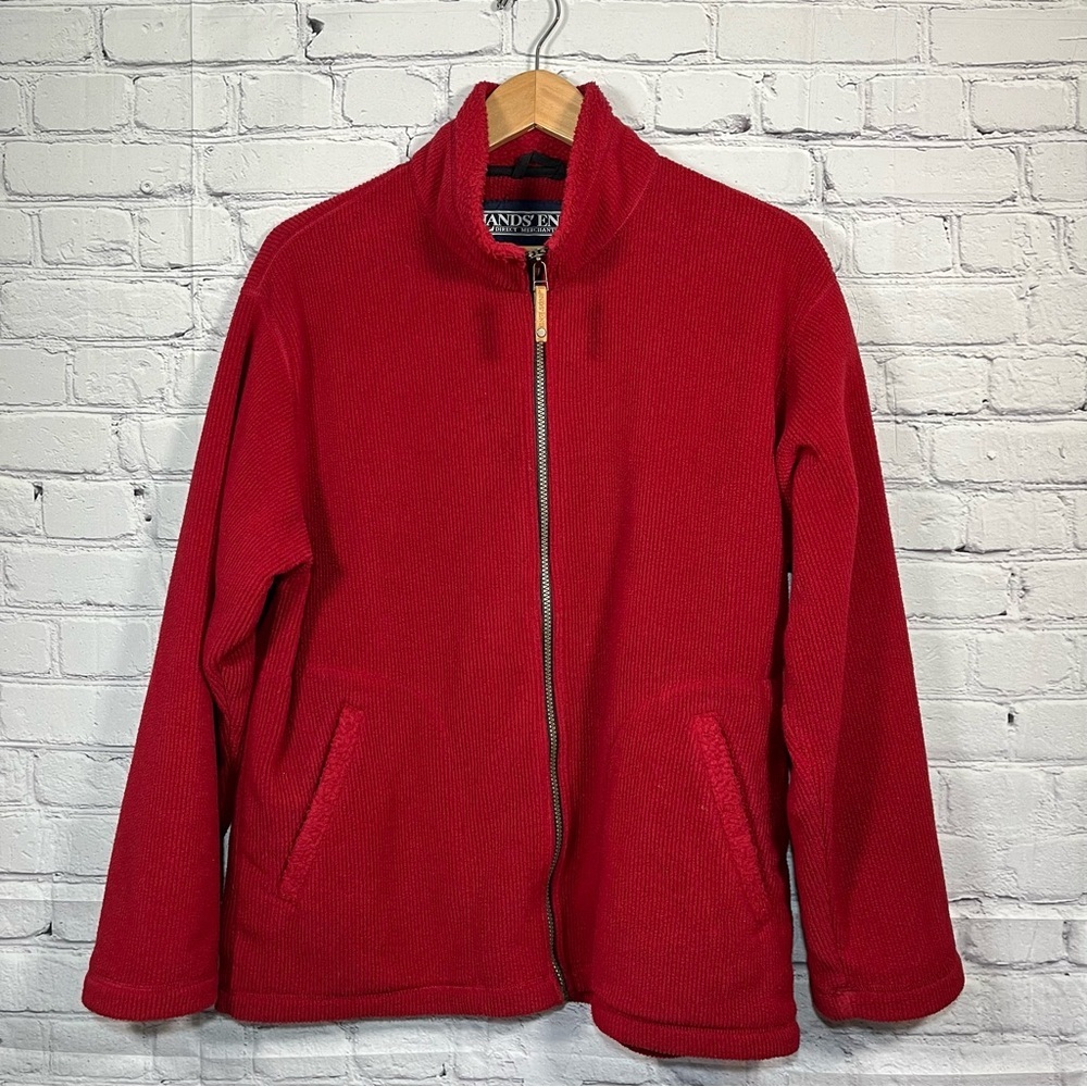Vintage Lands End Deep Pile Zip Up Fleece Jacket Womens Medium Red Made In USA